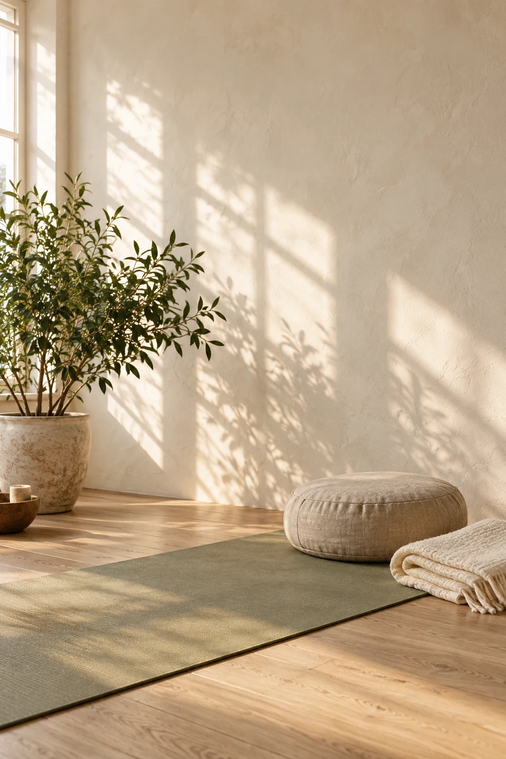 Yogamat, meditatiekussen en een zachte deken in warm zonlicht